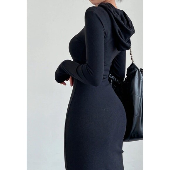 Commense NWT Women Black Drop Shoulder Drawstring Hooded Dress Loungewear Chic - Picture 4 of 12